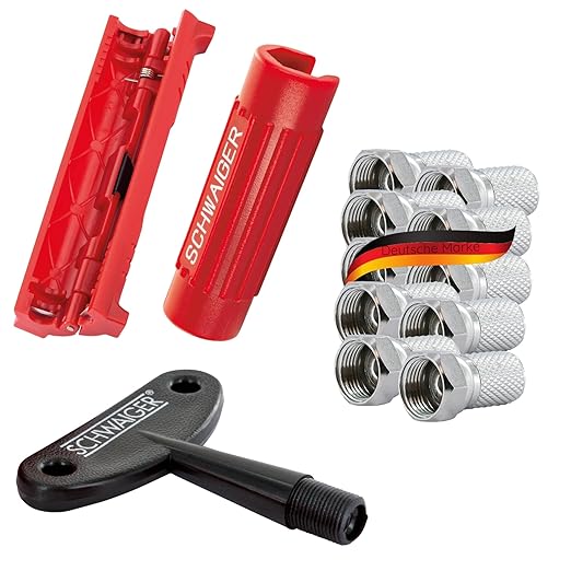 SCHWAIGER -ABISET30 531- Jeu d'outils de montage | Dénudeur | Connecteur de câble - aide à la torsion | 10 connecteurs F | 4 passe-fils comme joint | Installation de LNB sur des systèmes satellites