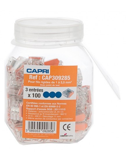 Boite de 100 bornes de connexion - 3 entrées - pour fils rigides - CAP309285 - Eaton